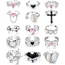 Bobisty 15Pcs Vintage Rings Set Irregular Adjustable Open Ring Jewelry  Punk Grunge Gothic Goth Moonstone Star Thorn Heart