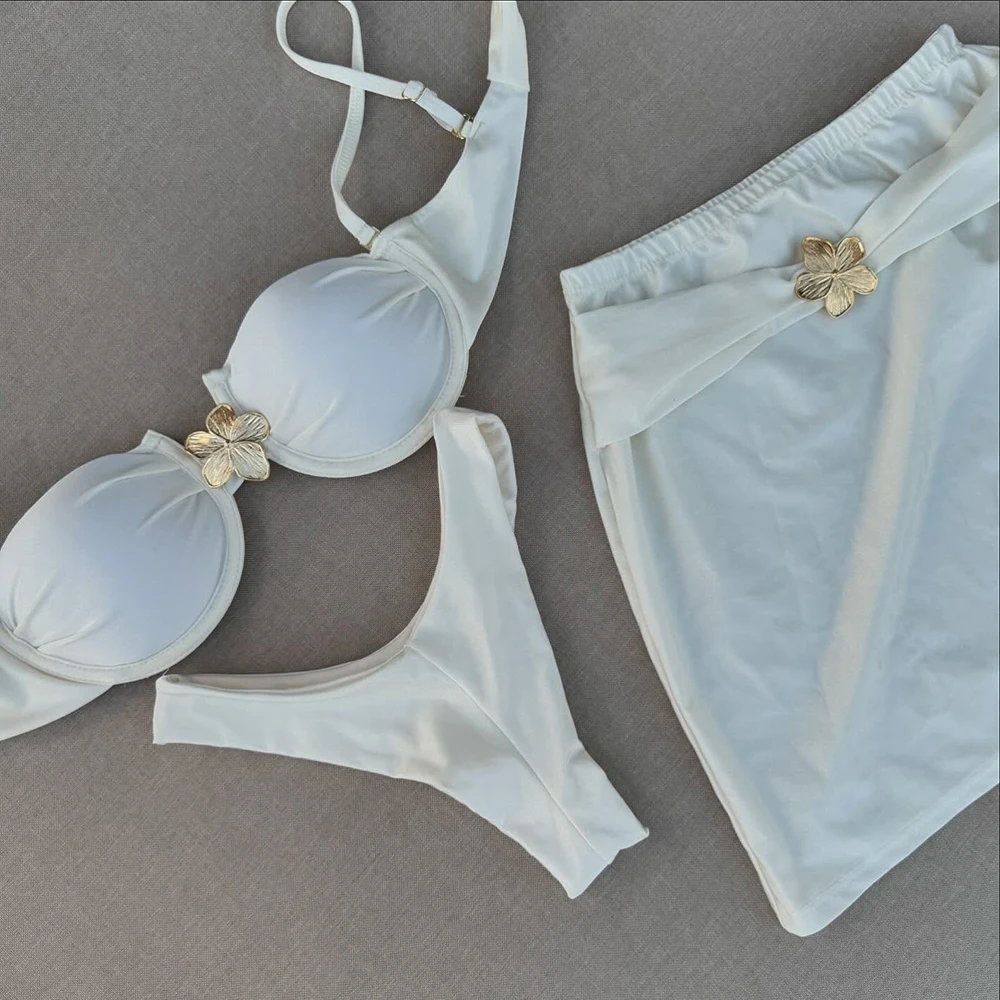 Conjunto de Bikini de 3 piezas con minifalda, traje de baño para mujer, Bikinis sexys de realce, ropa de playa, mono Floral, microbikini para mujer 2025