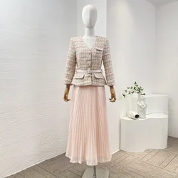 2024 New Spring Top Quality Belted Pink Sequined Sparkle Tweed Pleated Chiffon Mid-calf Length Women Elegant Dress