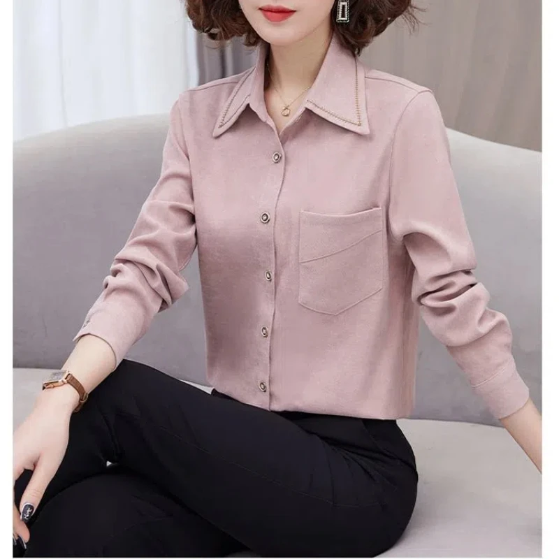 Turn-down Collar Spring Autumn Women\'s Clothing Solid Color Pockets Button Cardigan Shirt Casual Formal Elegant Trendy Tops