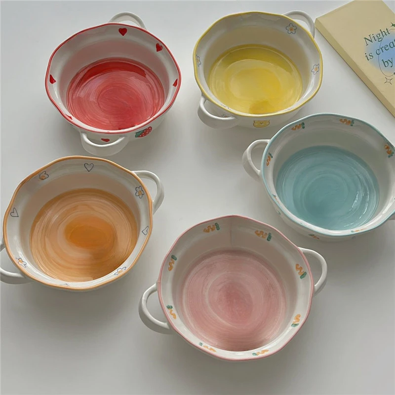 

INS милая высококачественная бытовая керамическая посуда, большая миска для завтрака, салата с двойными ушками, миска для риса, милая тарелка для лапши быстрого приготовления