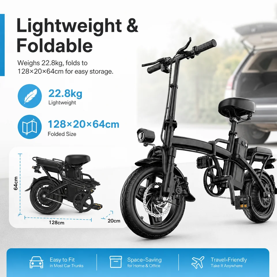 500W Folding Electric Bike 14" Urban Commuter 3 Modes Ebike 32km/h 30km Range 150kg Load 160mm Disc Brakes 6h Fast Charge 20% Hill Climb Lightweight Portable Foldable E-bicycle image 6