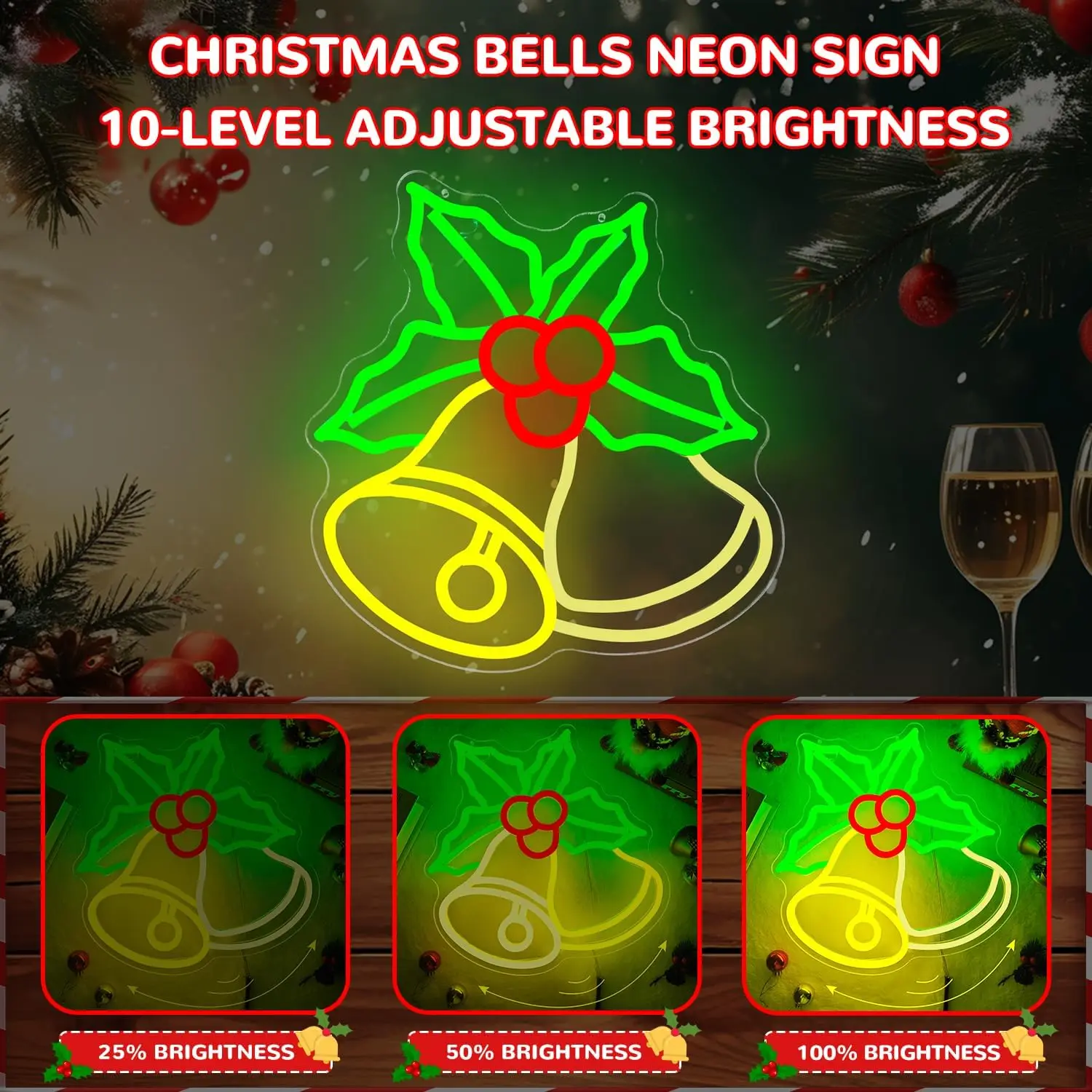 クリスマスベル ネオンサイン 壁飾り 調光可能 ネオンサイン 点滅ベル ホーリー付き LEDサイン クリスマスライトアップサイン ホームパーティー用