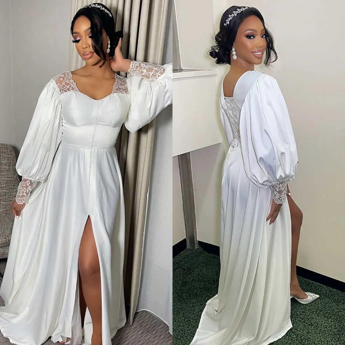 

Elegant Lace Bridal Wedding Robe Customized Women Dress Nightgown Long Sleeves Split Sleepwear Bathrobe Bride Pajamas