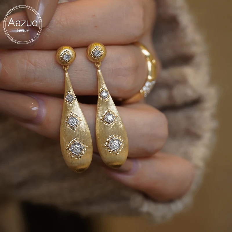 

Aazuo Luxury Jewelry Vintage Style 18K Yellow Gold Real Diamonds Long Stud Earrings For Women's Engagement Party Jewelry Gift