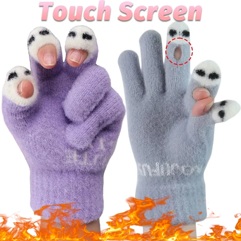 1-5Pairs Cute Panda Winter Warm Open Finger Gloves Women Touch Screen Knitted Fingertip Gloves for Outdoor Cold Weather