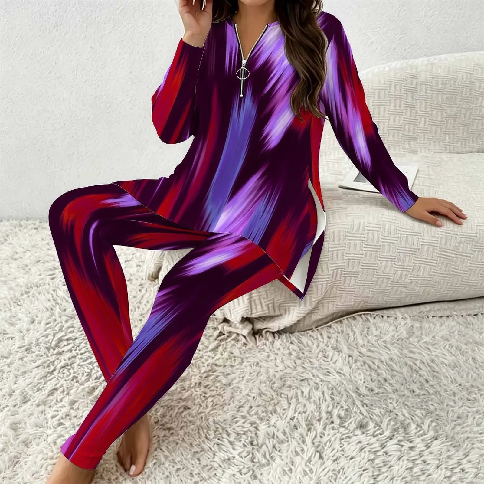 Fall Graphic Print Plus Size Sets Women V Neck Red Purple Brush Stroke Abstract Plus Size Clothes Womens Clothing For