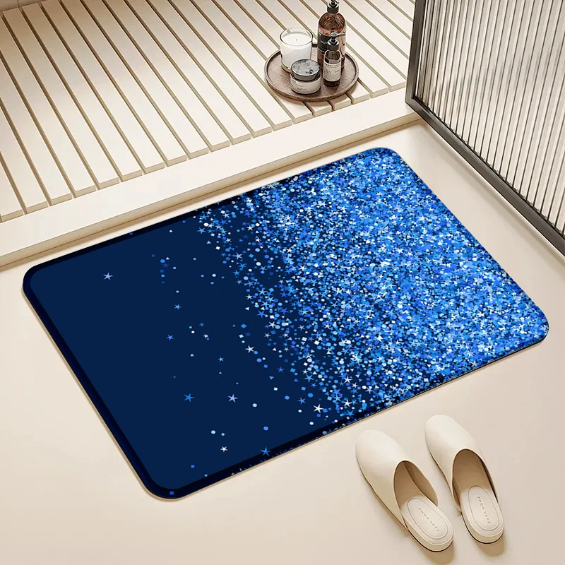 

Blue Glitter Gradient Flannel Doormat Non-Slip Absorbent Soft Floor Mat for Entryway Bathroom Kitchen Home Decor