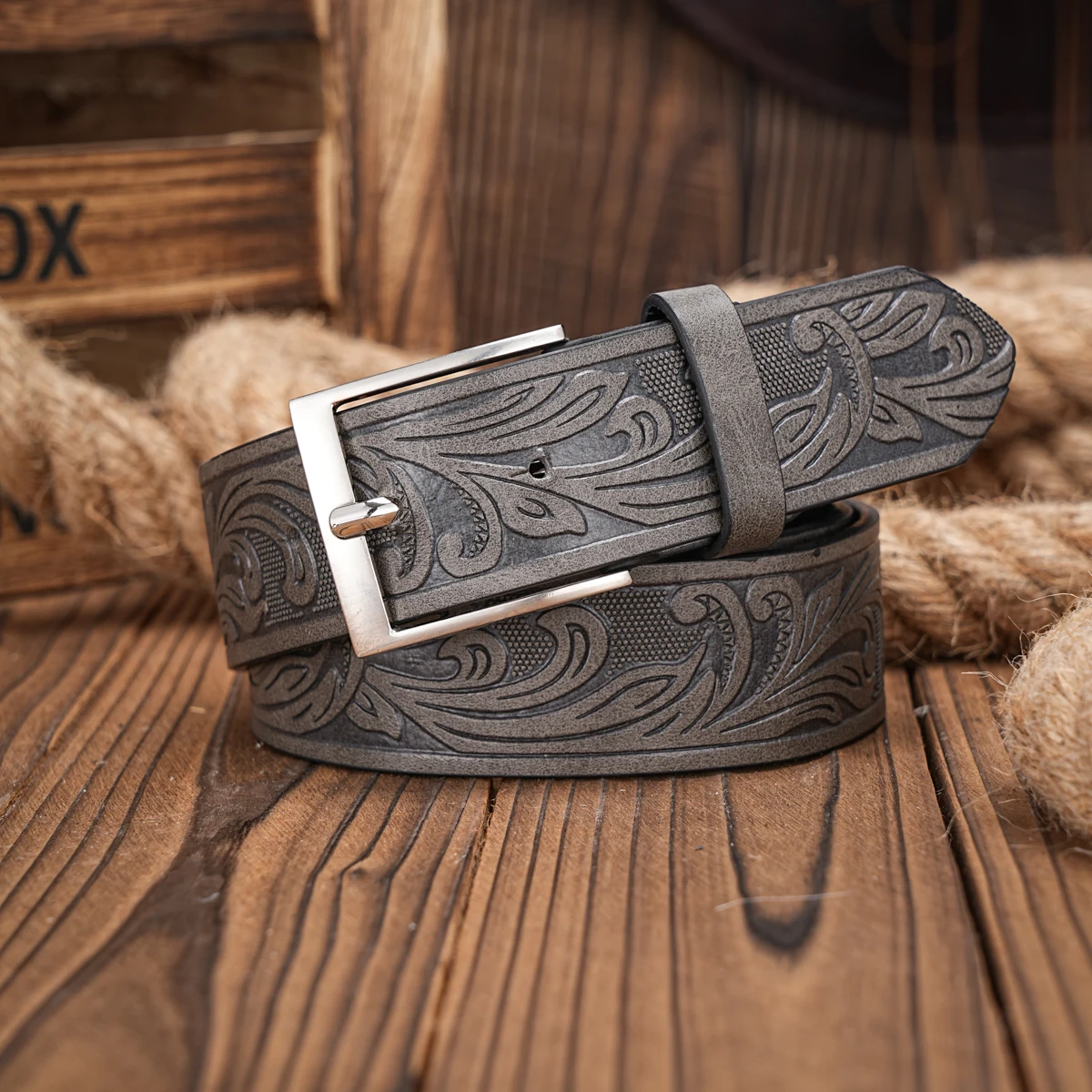 Western Cowboy PU Leather Belt - Men Waist Strap Bull Decoration Floral Engraved for Jeans