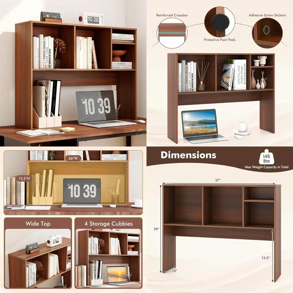 

4-Tier Walnut Desk Hutch for Storage and Display, Ideal for Home Office and Dorms