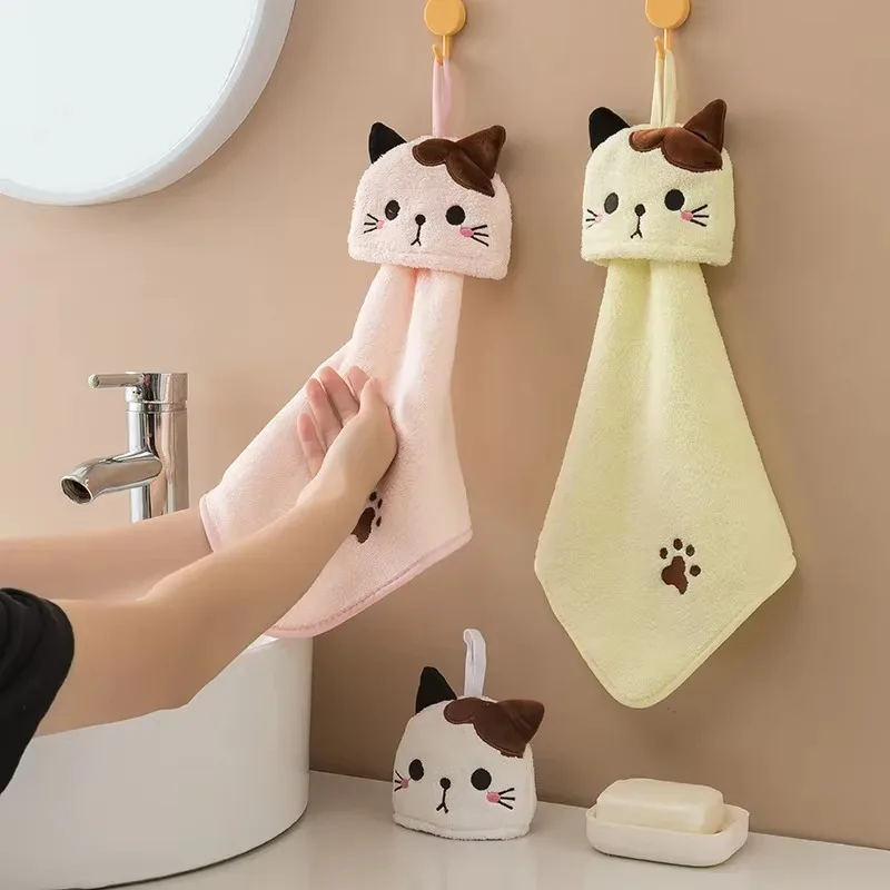 1PC Cute Cat Coral Velvet Soft Kitchen Cleaning Towel Hanging Hand Towels Absorbent Dishcloths Soft Cleaning Cloth Rag