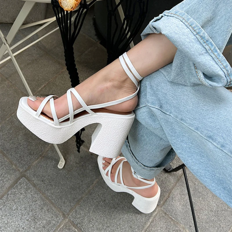 Summer Platform Shoes For Women 2023 Sandal Fashion Narrow Band Thick Heel Ladies Gladiator White Heels Outdoor Sexy Sandalias