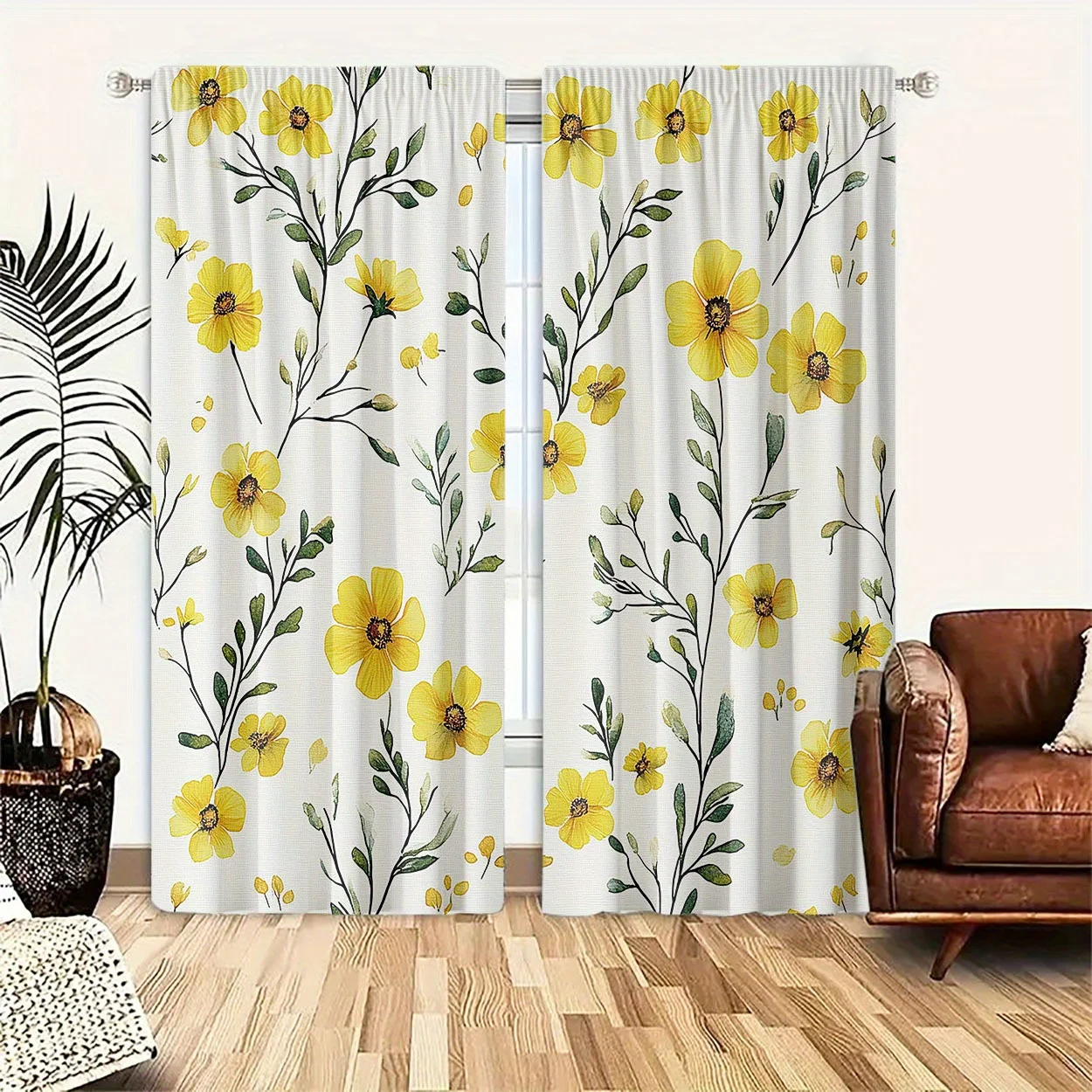 Yellow Floral Print Curtains 2pcs Pair Lightweight Window Drapes for Living Room Bedroom Home Decor Spring Garden Blossom Curtai