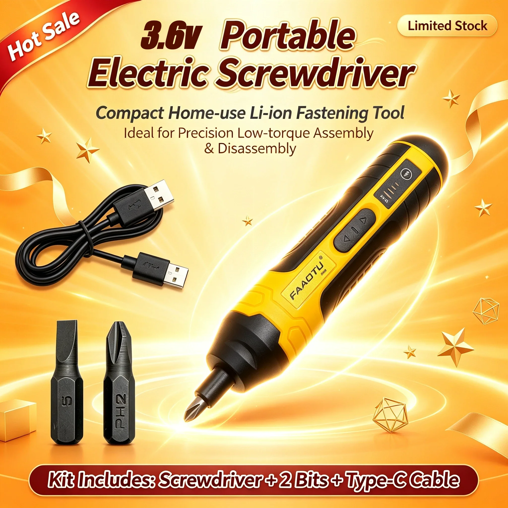FAAOTU Mini Cordless Electric Screwdriver, 3.6V 5N.m 1300mAh Li-ion Rechargeable Household Power Driver