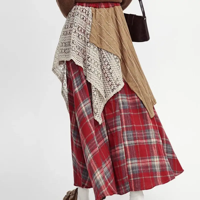 Autumn Winter Woolen Plaid Skirts Women Elastic High Waist Patchwork Irregular Waste Soil Wind Fashion Loose A-line Big Skirt