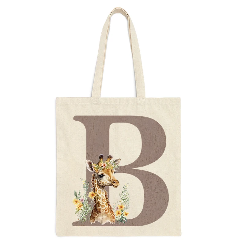 Sac fourre-tout en toile de grande capacité pour femme, lettres girafe, sac à main pour le travail de Compiedmont, alphabet de dessin animé pour adolescent, sac à provisions initié