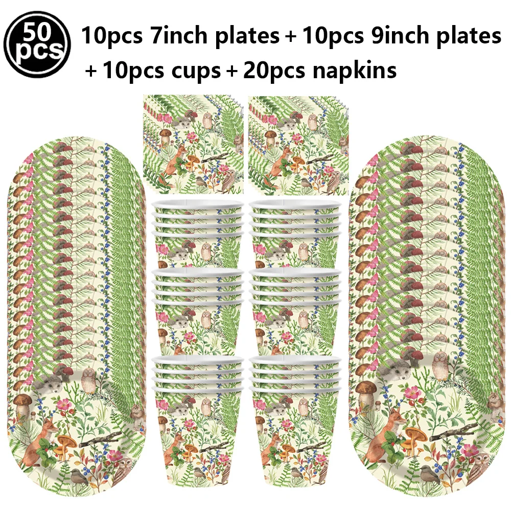 Woodland Wild One Animal Tableware Set Paper Plates Cups Napkins Fox Mushroom Balloon Forest First Birthday Party Decorations view 2