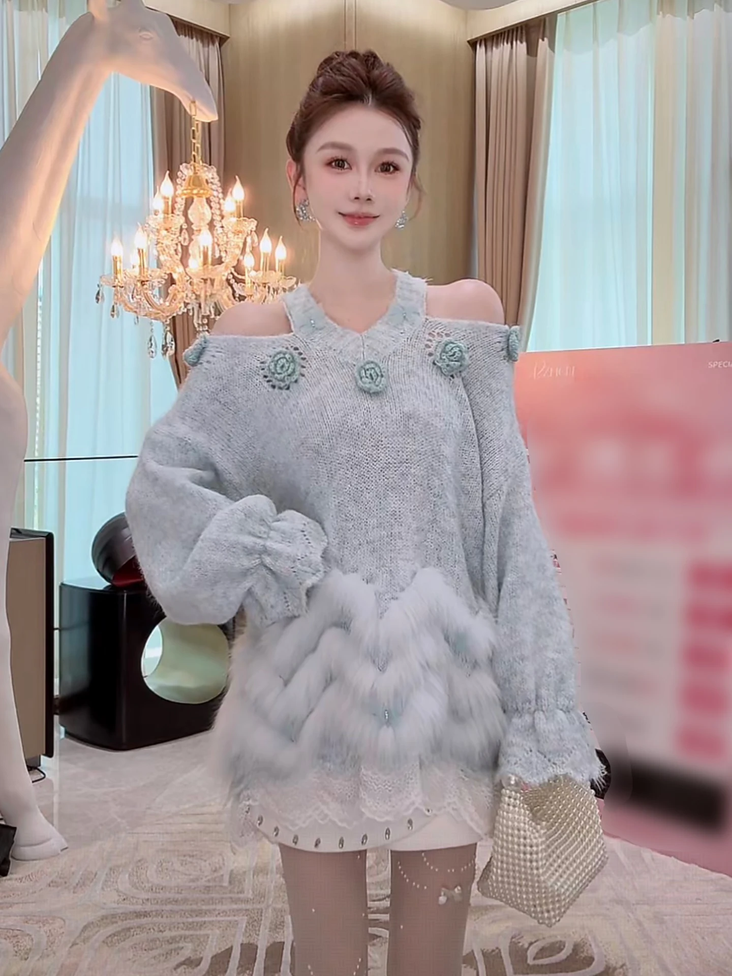 

Azzen Ice And Snow Adventure Женский вязаный меховой свитер с v-образным вырезом и оборками на плечах, осенний новый дизайн Sle Splicing