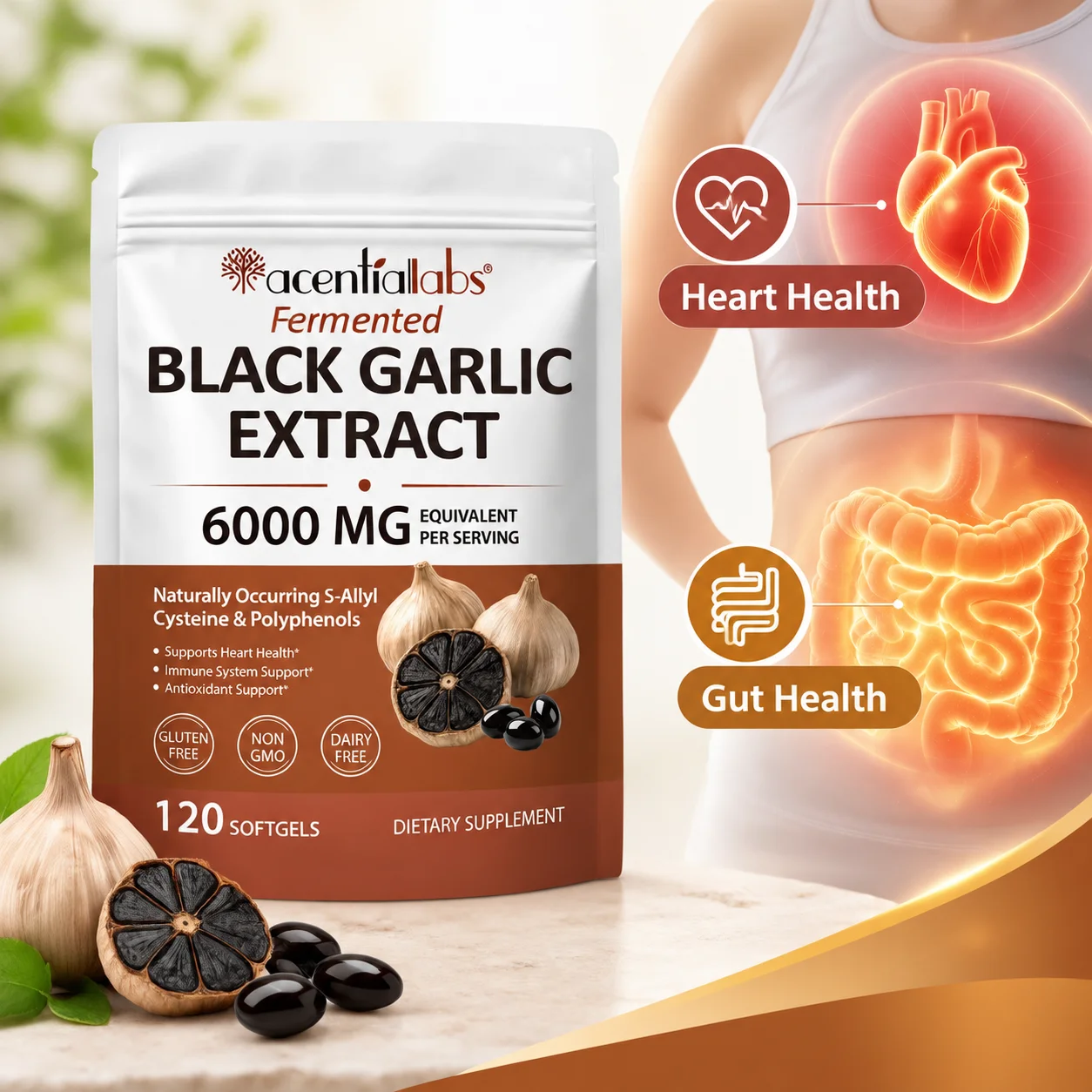 Fermented Black Garlic Softgels Promote Heart Health & Digestive Balance Gut Comfamation Immune &Skin Antioxidant 120pcs for 25+