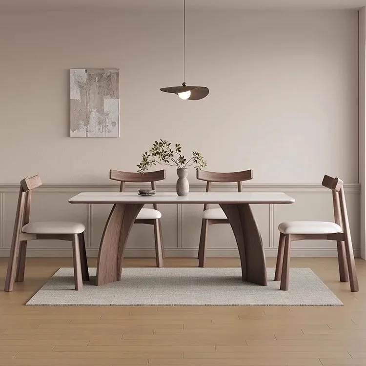 Walnut solid wood dining table Small apartment modern simple thickened full support rectangular black, rock slab dining table