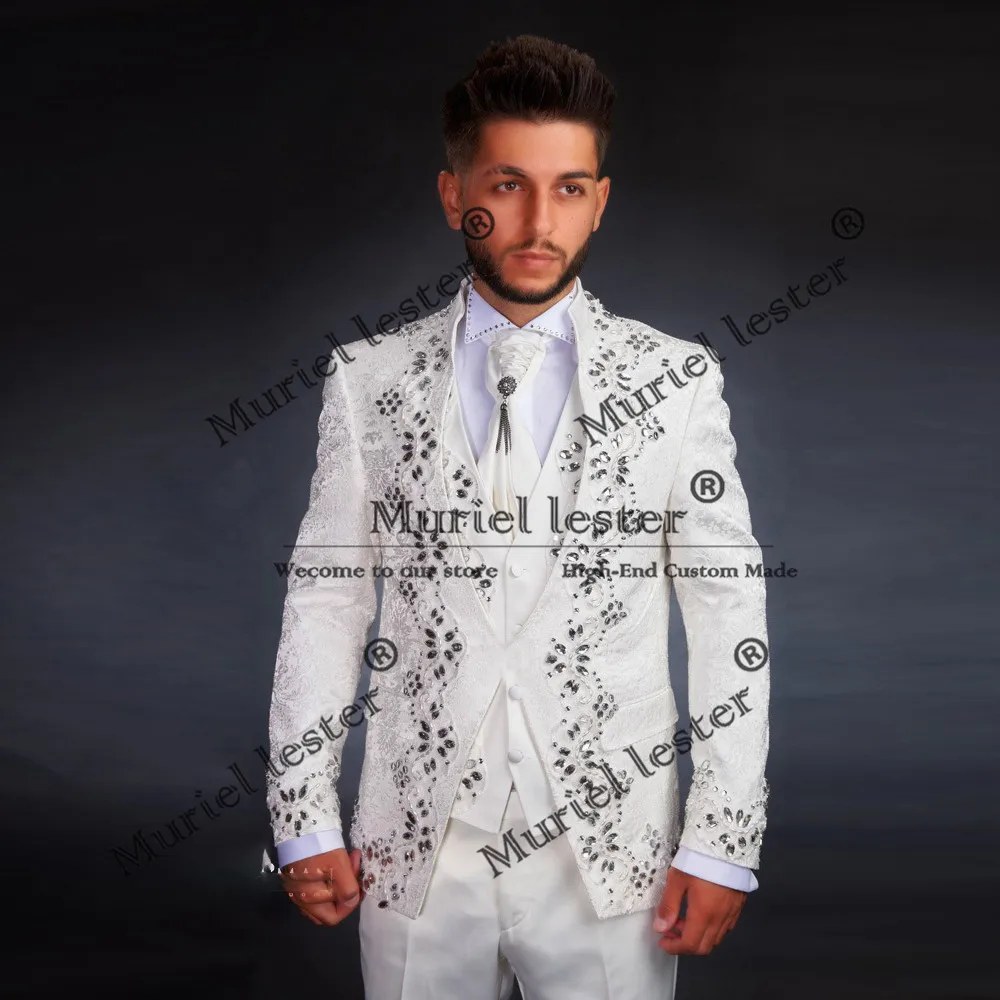 

Luxury Wedding Suits For Men Jacquard Beaded Groom Tuxedos 3 Pieces Sets Male Prom Blazers Slim Fit Man Fashion Party Dresses