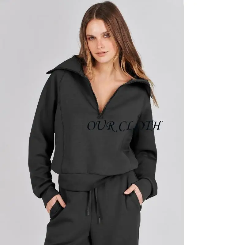 

Осенне-зимний женский спортивный костюм из двух предметов, толстовка с лацканами на молнии и широкие брюки с карманами для носки