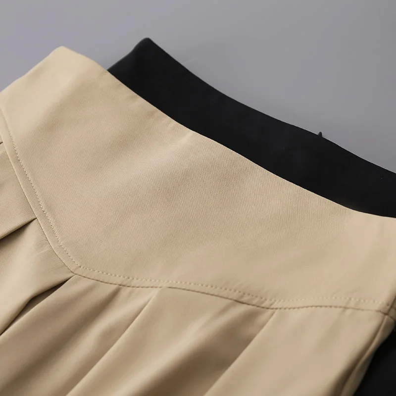 Women's Khaki High Waist Pleated Knee-Length Skirts, Elegant Office Lady Clothing, Monochromatic, New Design, Top Quality