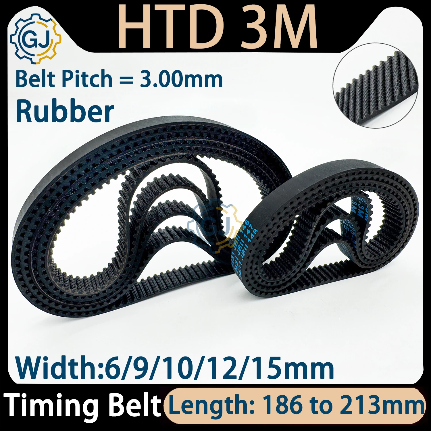 HTD 3M Timing belt width 6/9/10/12/15mm length 186 189 192 195 198 204 207 210 213mm rubber closed-loop 201-3M-6 HTD 3M Rubber