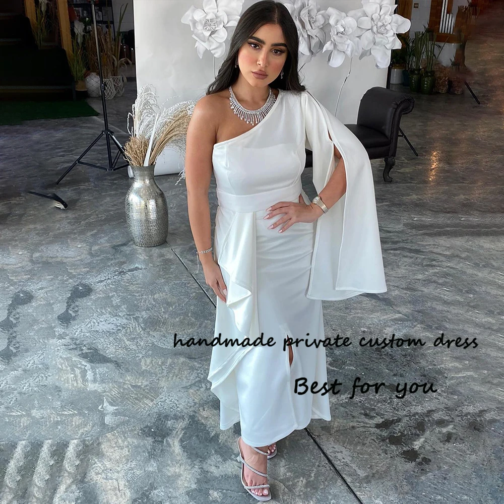 

White Mermaid Evening Dresses One Sleeve Spandex Satin Wedding Party Dress with Slit Arabian Dubai Formal Prom Gowns