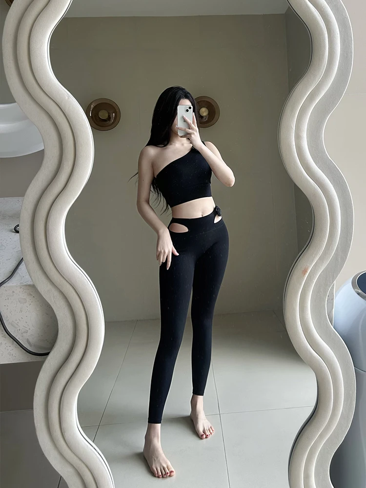 Pure Desire Flower Gilet sportivo a spalla singola Pantaloni lunghi da yoga fitn da donna Set Abito estivo sexy Diaam con orecchio sinistro