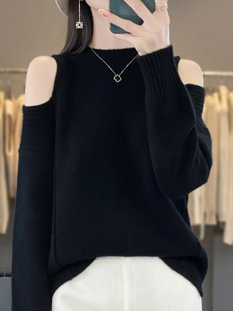 Women's Wool Sweater Pullover O-neck Off Shoulder Tops Autumn Winter Long Sleeve 100% Merino Wool Knitwear Soft Cashmere Clothes