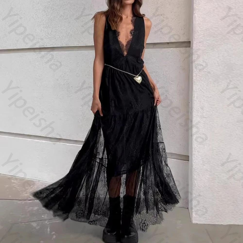 

Customized Sexy Deep V-Neck Sleeveless Evening Dresses Elegant Lace Floor-Length Dress Exquisite High Quality Prom Party Gowns
