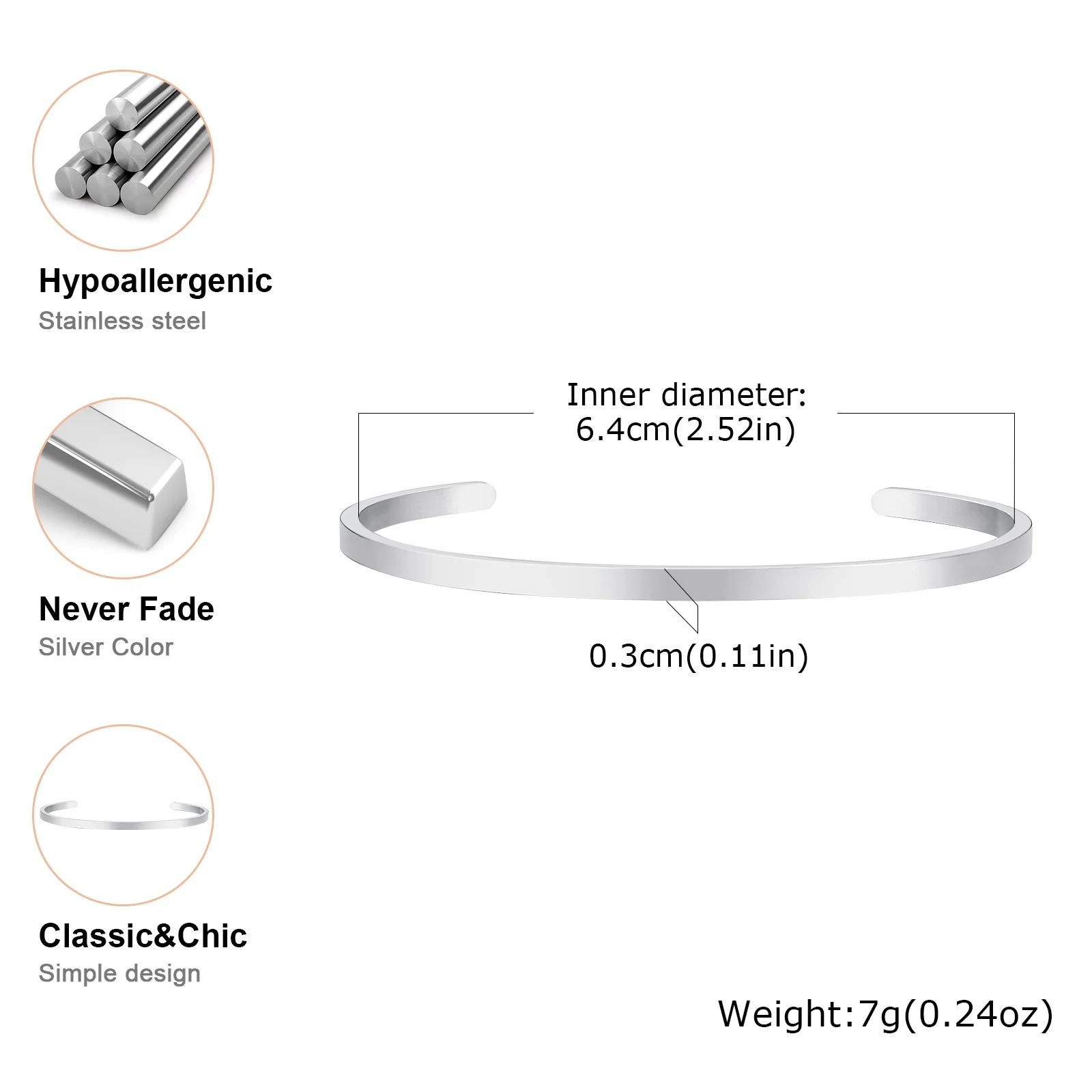 Vnox Simple 3mm-10mm Bangles for Women Men, Classic Glossy Stainless Steel Open Cuff Bracelets, Unisex Plain Wristband image 3