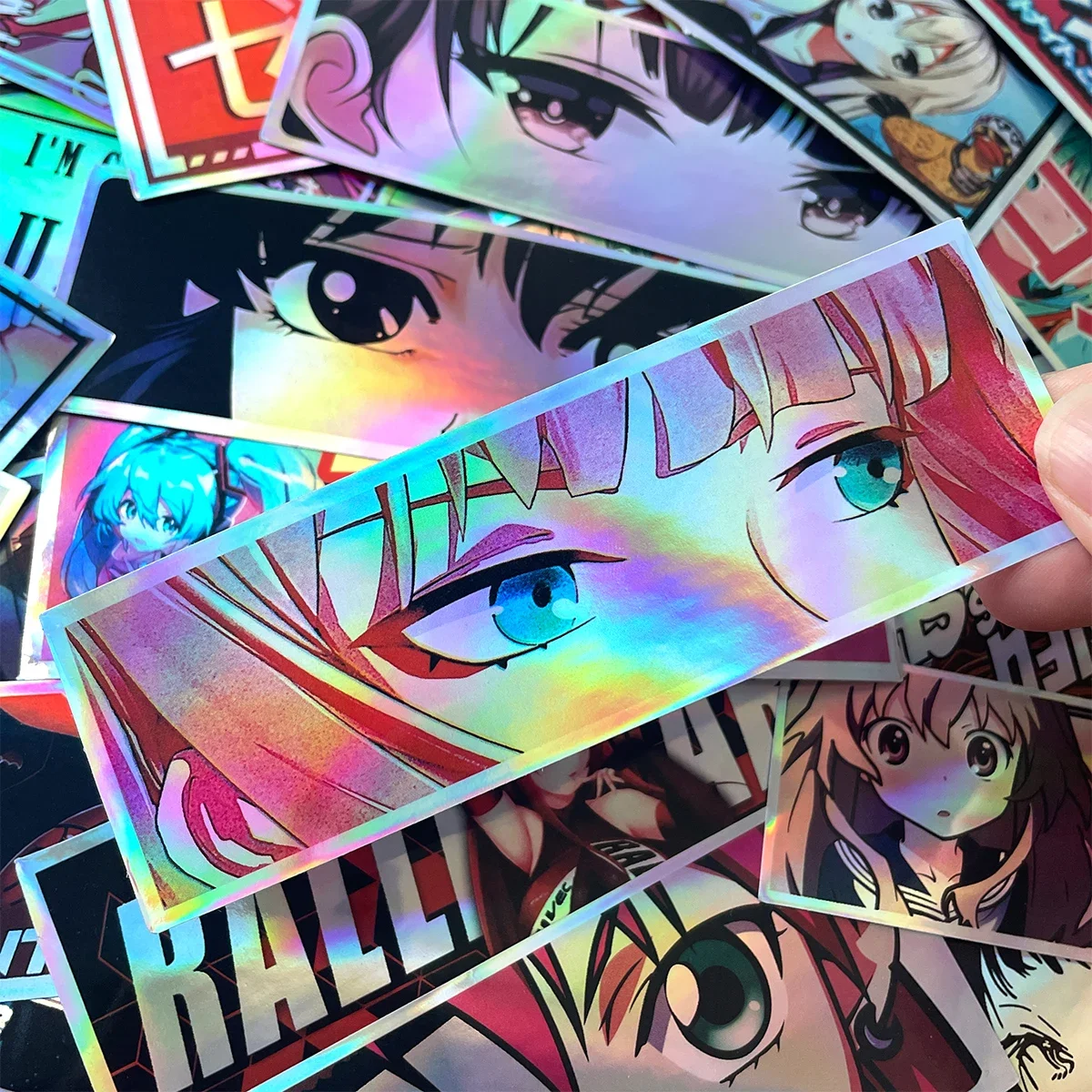 32PCS 12cm Long JDM Anime Girl Car Stickers Laser Rainbow Auto Window Windshield Motorcycle Body Moto Helmet Vinyl Decoration image 5