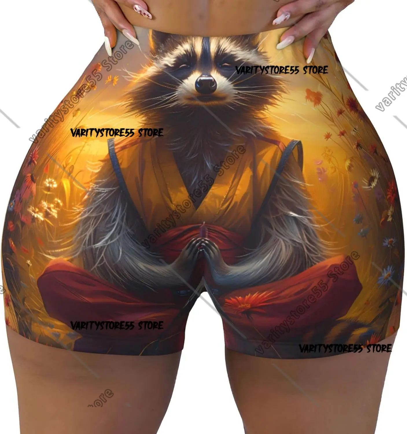 

Женские шорты для тренировок с медтирующим принтом енота на закате, бесшовные мягкие гладкие шорты для занятий йогой в тренажерном зале, активные шорты