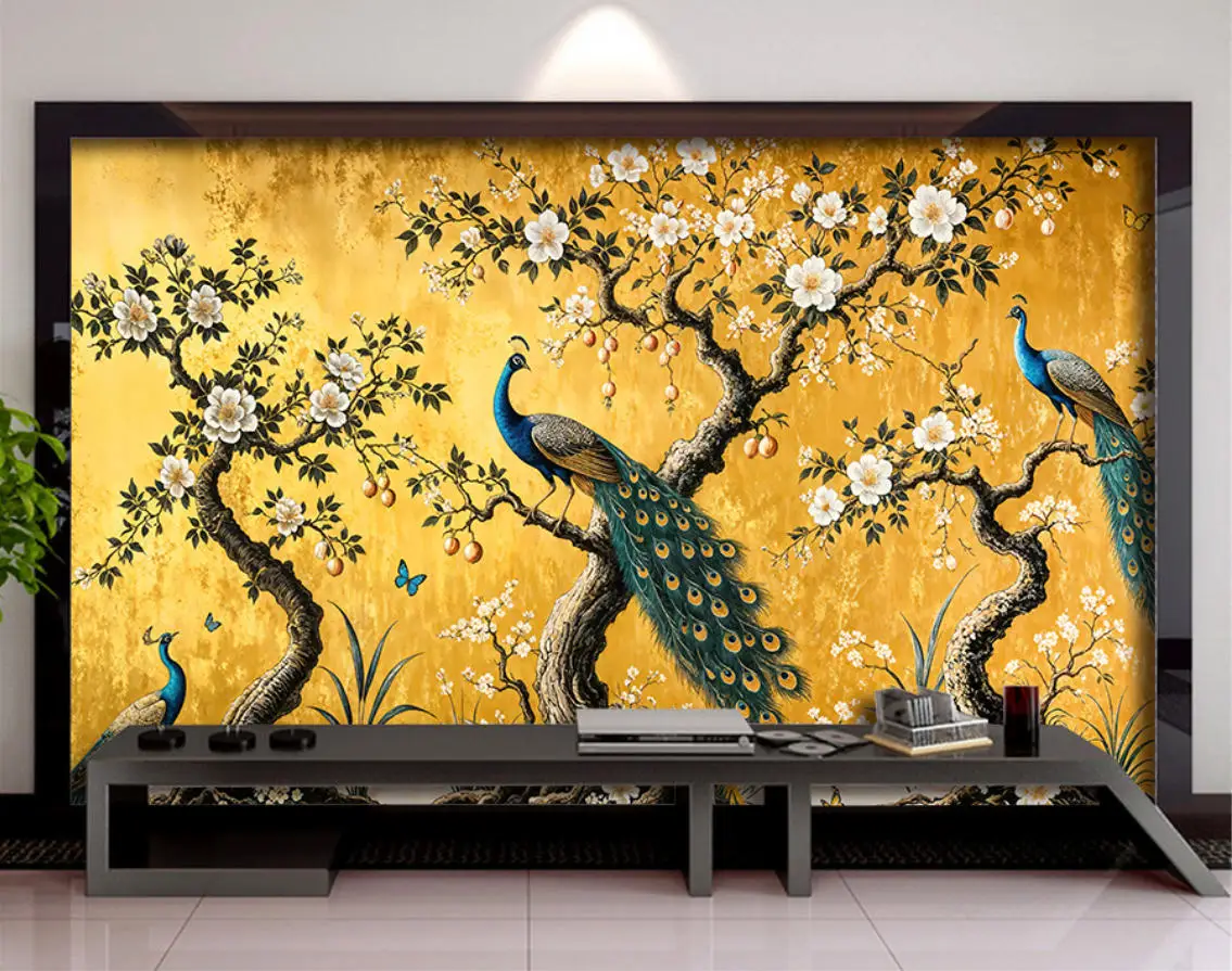 Customized wallpaper, retro yellow Chinese style wallpaper, flower, bird, tree branch painting jungle wallpaper decoration mural