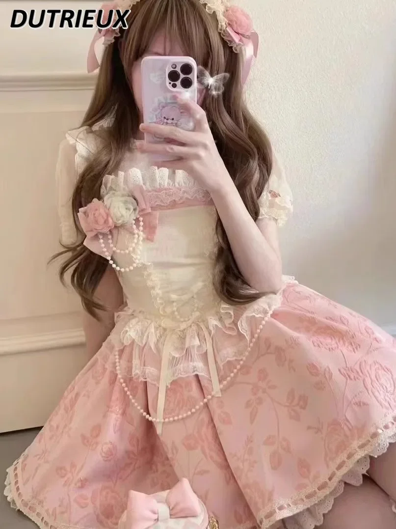 

Summer New Rose JSK Slimming Lace Suspender Dress Japanese Style Sweet Lolita Sleeveless High Waist Princess Short Dresses