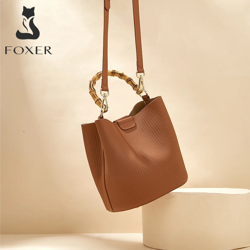 FOXER Female Genuine Leather Bucket Handbag Lady Simple Composite Shoulder Crossbody Bag Women High Quality Cowhide Commute Tote