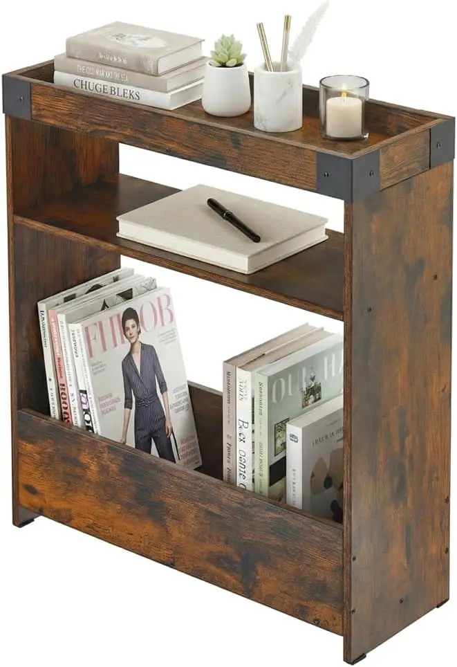 

Farmhouse Narrow Side Table with Tray Top & Magazine Rack, Sofa Couch Side Table with Storage Shelf, Slim End Table for