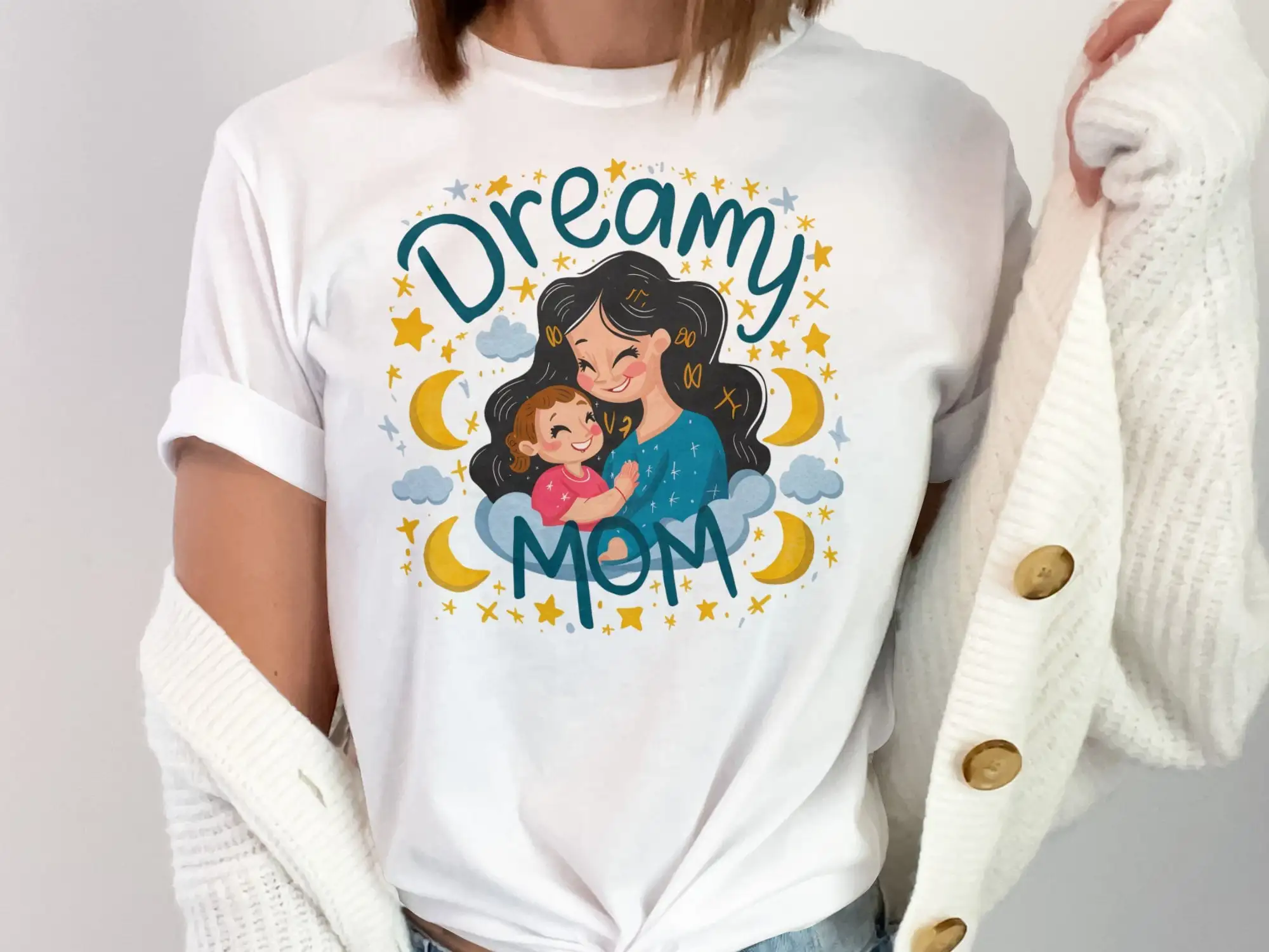 Mother And Child Love Under Moon Stars T Shirt Dreamy Moms Day Non Personalized Mothers Theme Apparel