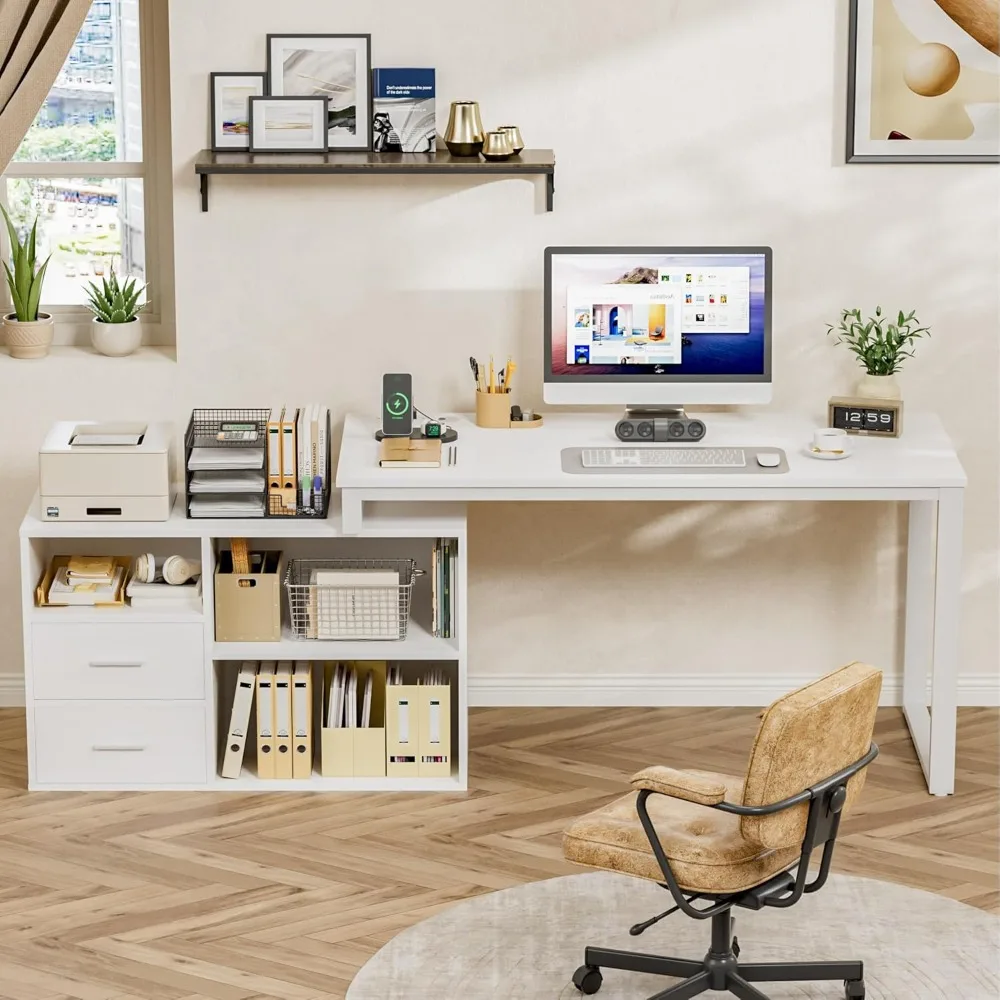 L Shaped Desk with Drawers & Shelves, 55'' Corner Computer Desk, Power Outlets, Reversible PC Table, Storage File Cabinet