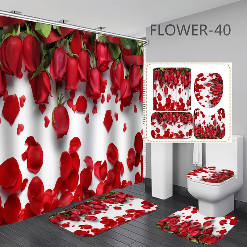 3D Print Flowers Bath Curtain Waterproof Fabric Romantic Red Rose Shower Curtain Love Heart for Valentine\'s Day Bathroom Decor