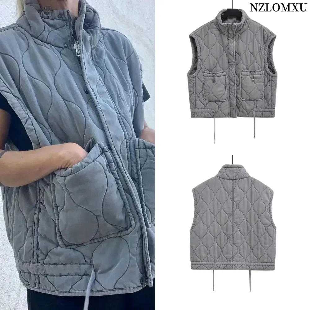 

2024 Spring Women's New Patch Pocket Stand-up Collar Sleeveless Padded Vest Coat Warm Cotton Tank Coat Female Padded Coat
