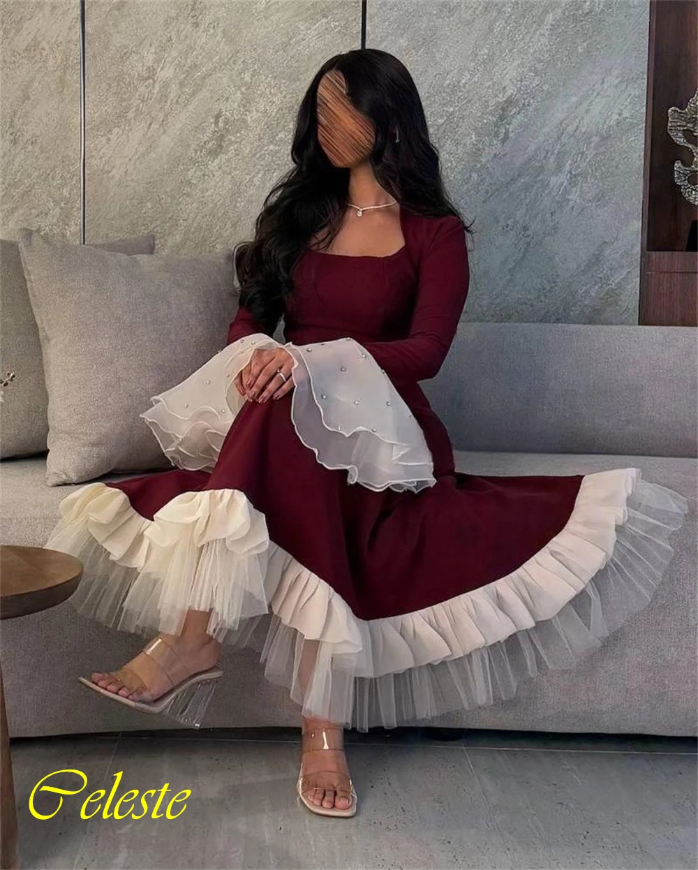 Customized Square Collar Flare Sleeves Jersey A-Line Evening Dress Luxury Party Dresses Delicate Special Occasion Gowns