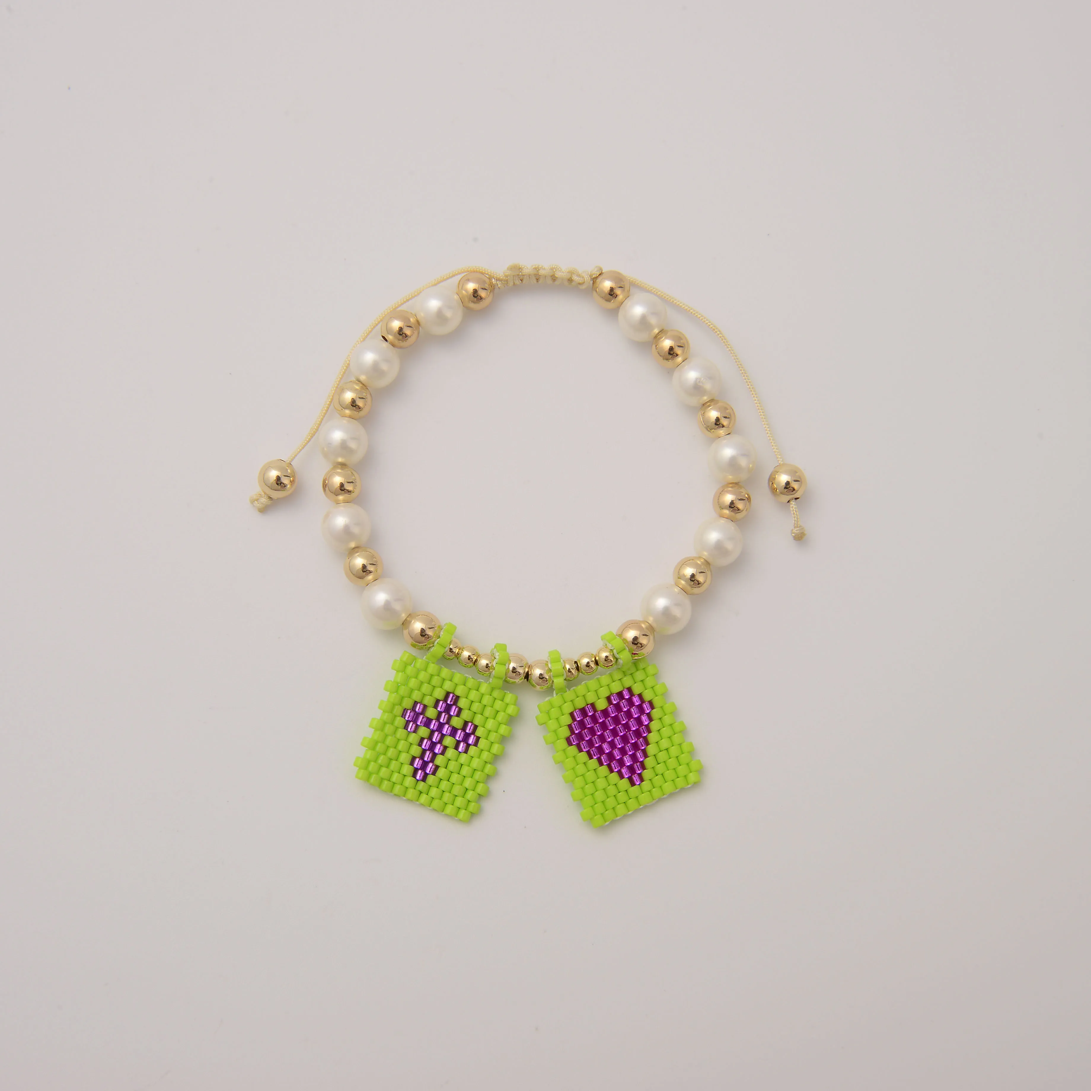 Handmade Shell Pearl Bracelet with Heart Cross Miyuki Beads, 24K Gold Plated Copper, Imitation Pearl
