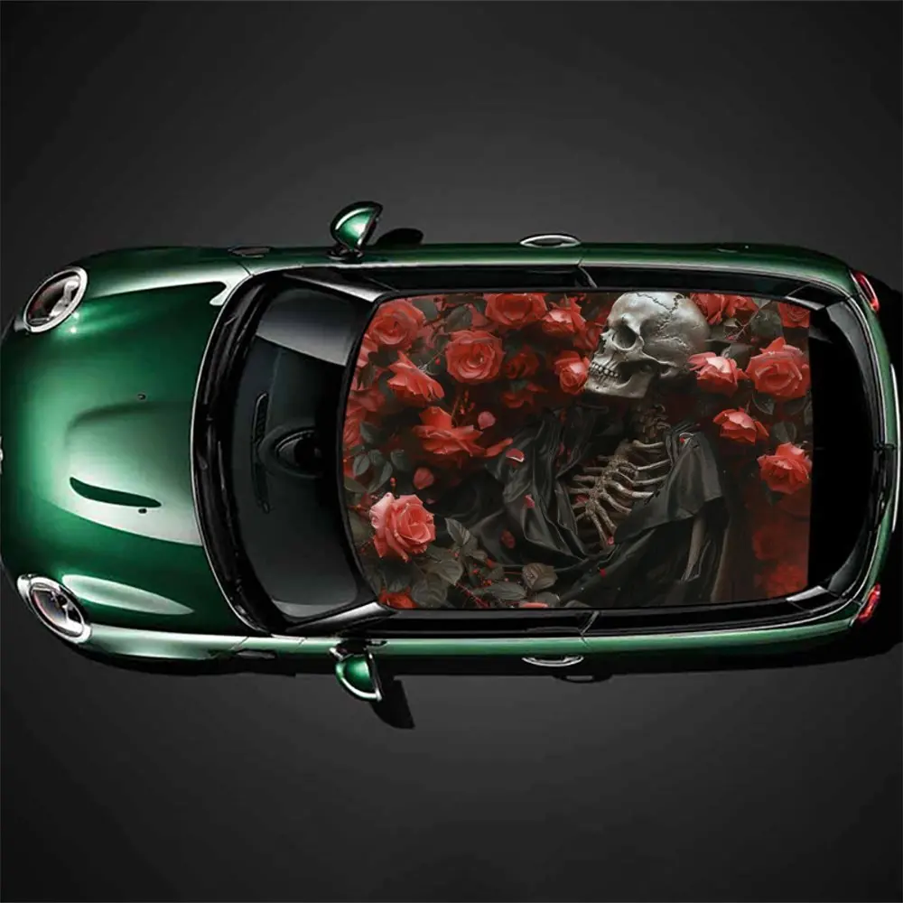 

Skull rose art pattern design, Car roof sticker, vinyl packaging, suitable for most cars; bubble-free design, self-adhesive and