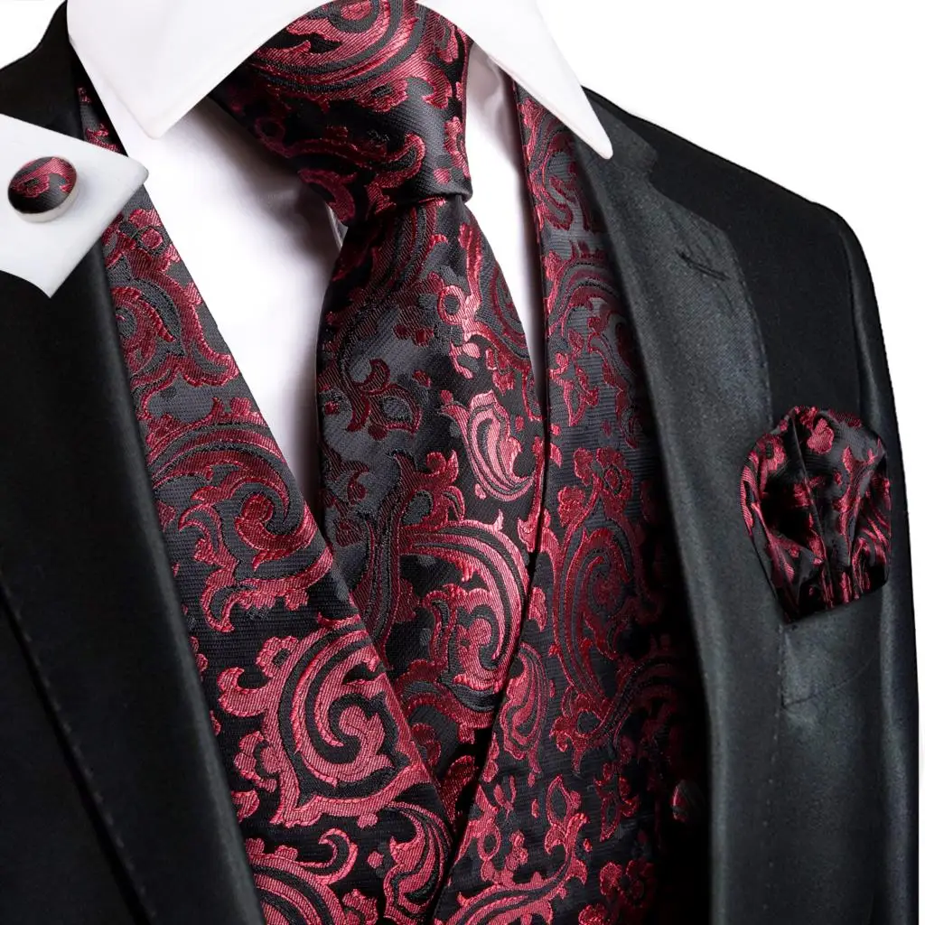 Hi-Tie Black Burgundy Floral Silk Mens Slim Waistcoat Necktie Set For Suit Dress Wedding 4PCS Vest Necktie Hanky Cufflink Set