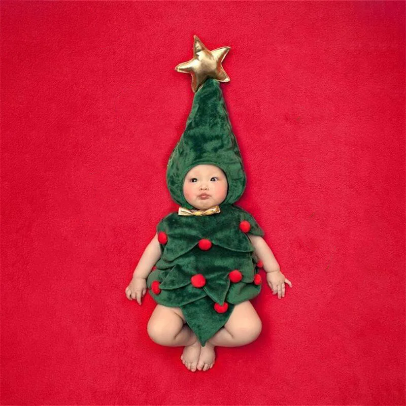 New Baby Infant Photography Clothing Xmas Tree Design Bebe Boy Girl Cosplay Costumes Hat+Body Suit Newborn Christmas Outfits