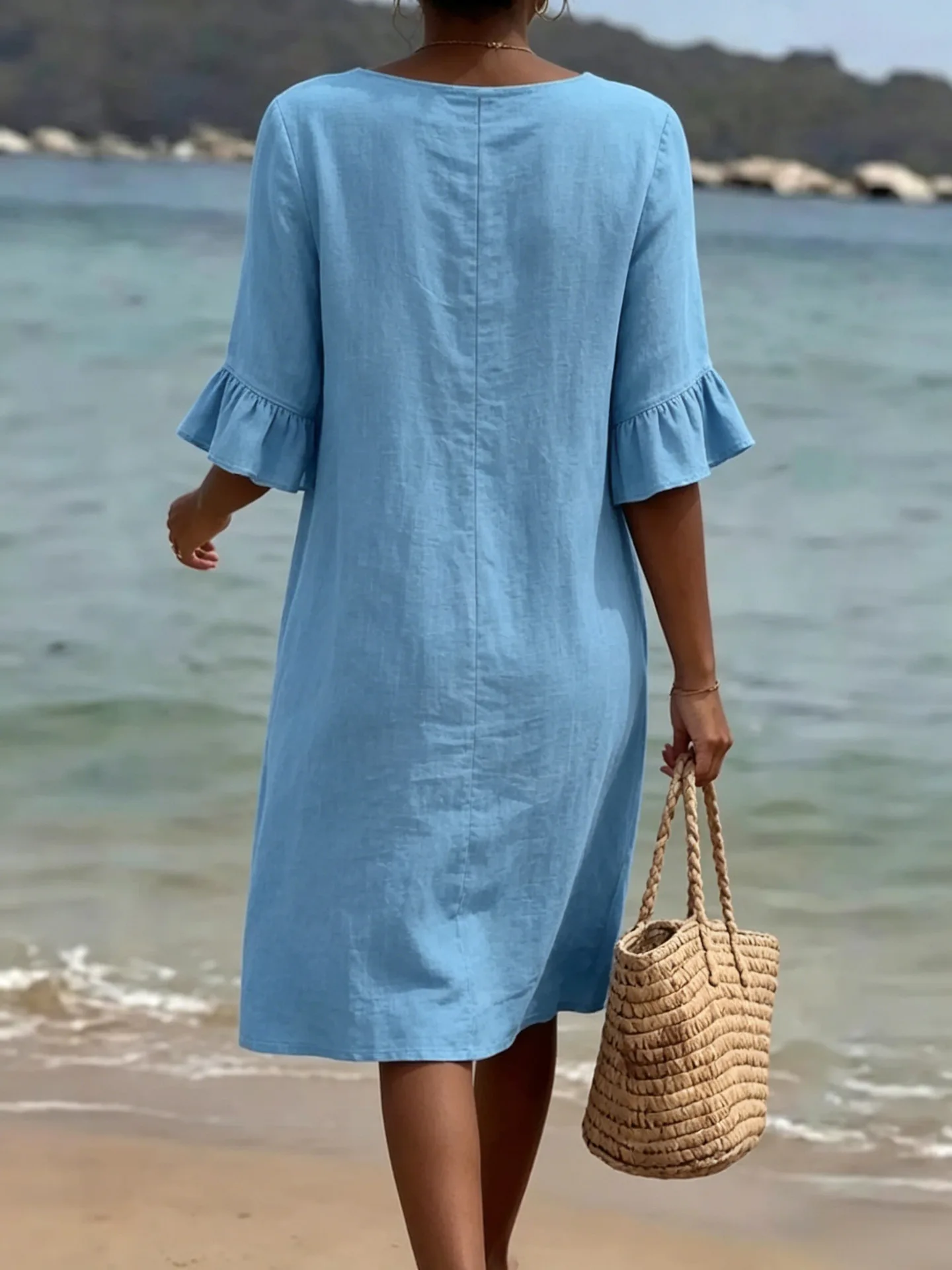 V-neck Button Solid Color Casual New Beach Vacation Style Versatile Dress For Women's A-line Lace Short Sleeved Patchwork Skirt