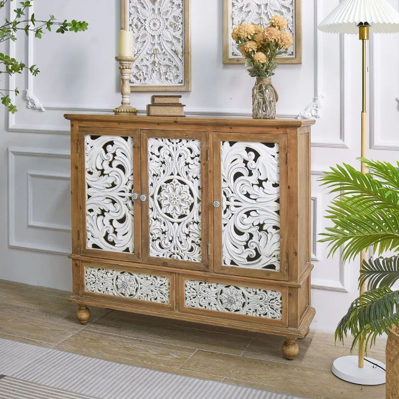 Home Rustic White Flower Carved 3 Doors And 2 Drawers Dinning Room Wood Sideboard Accent Storage Cabinets